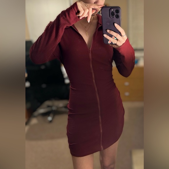 Birch & Stone Front Zip Wine Bodycon Dress - Picture 3 of 8